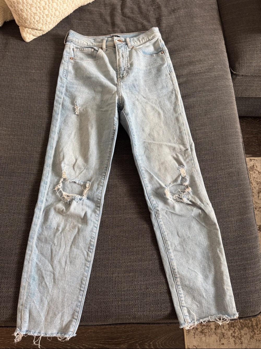 Express Light Blue Distressed Straight-Leg Jeans